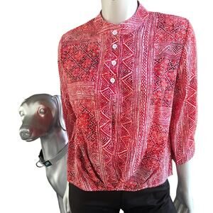 NEW Soo Linen Red 3/4 Sleeve Geometric Shirt Buttoned Blouse Women's Size Small